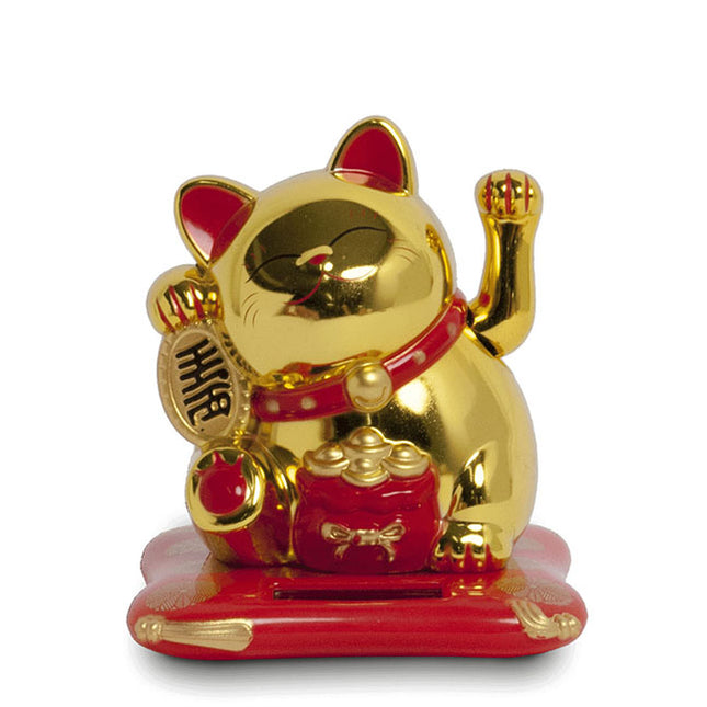 Maneki Neko Solar goud op kussen (10cm)