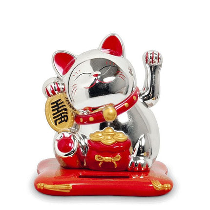Maneki Neko Solar zilver op kussen (10cm) - Lucky Touch - Bedankjes & Cadeautjes
