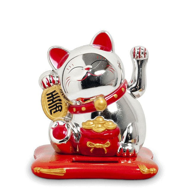 Maneki Neko Solar zilver op kussen (10cm) - Lucky Touch - Bedankjes & Cadeautjes